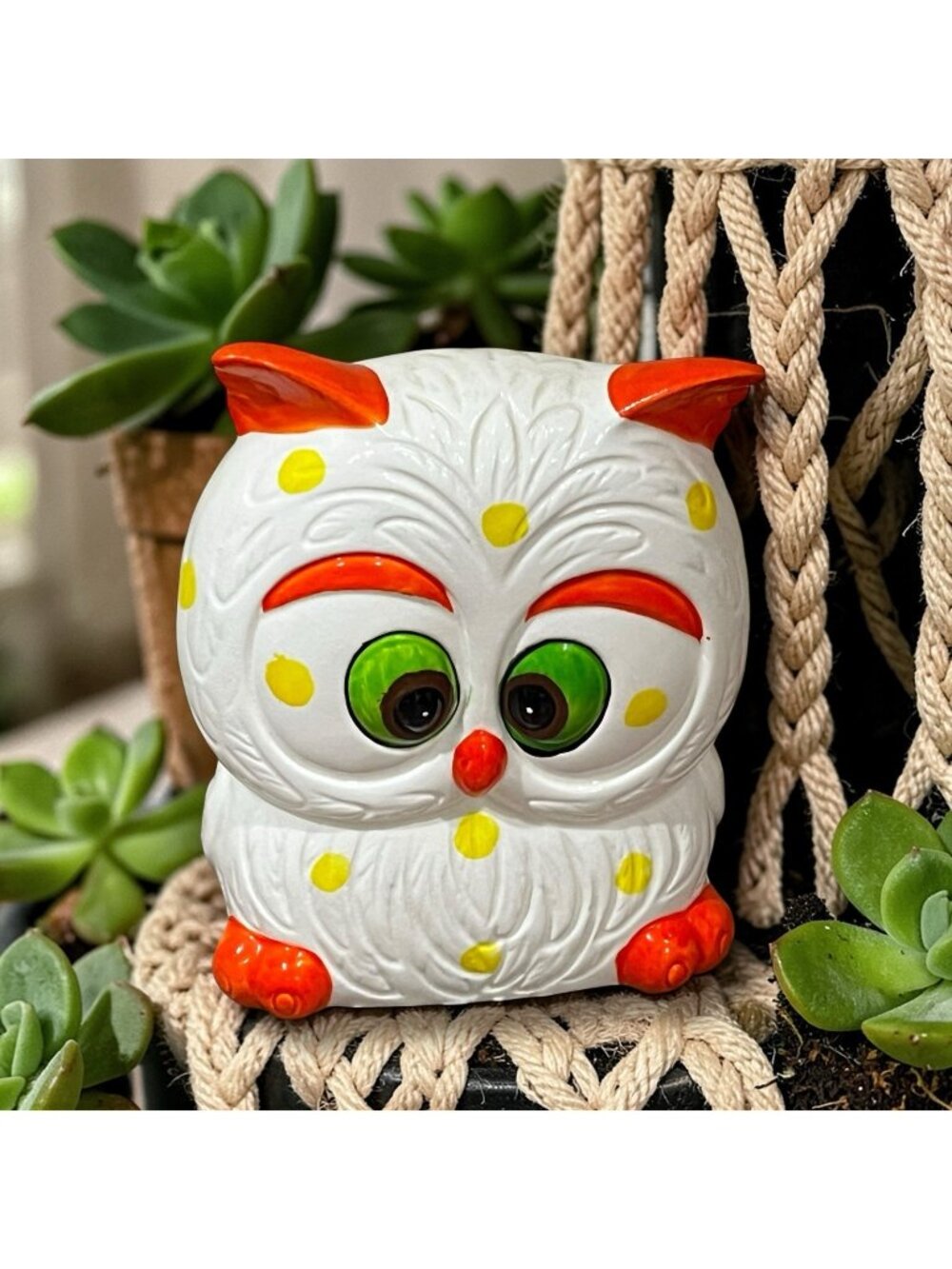 Norleans Vintage Owl Coin Bank Ceramic Japan Kitsch Polka Dots White Orange 70s